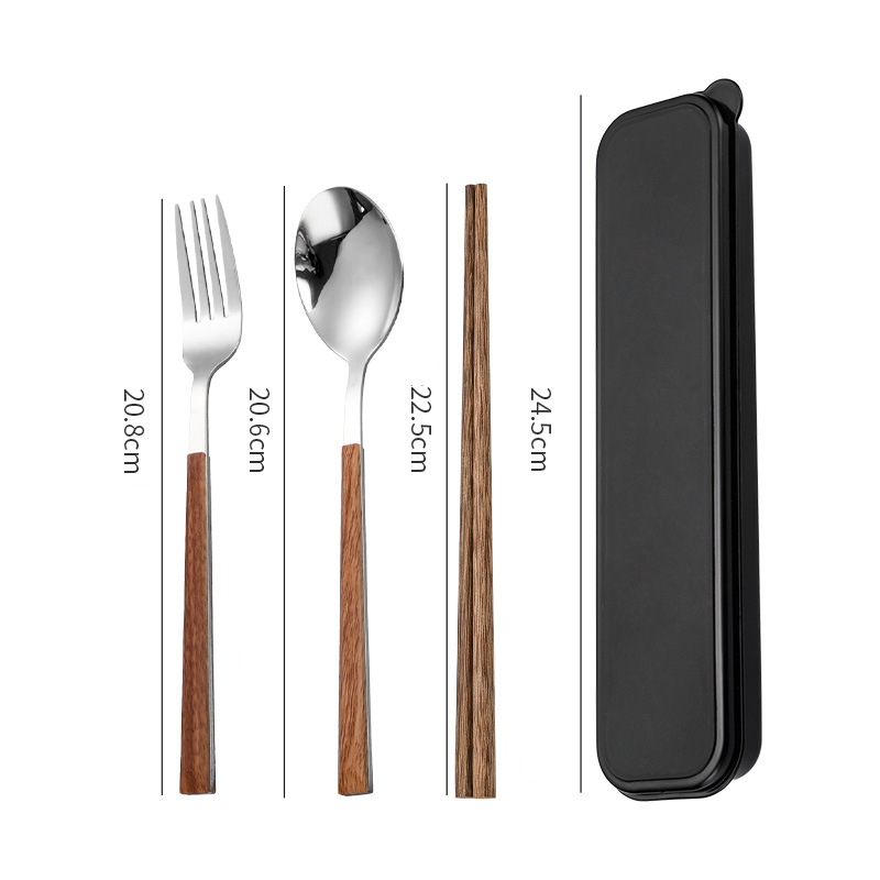 Chopsticks and spoon set, one-person convenient tableware, student storage box, fork, single wooden chopsticks, three-piece set
