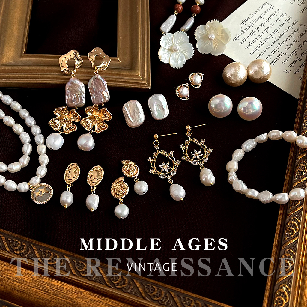 Vintage Baroque Freshwater Pearl Earrings Collection Court Style Mother-of-Pearl Flower Ear Accessories