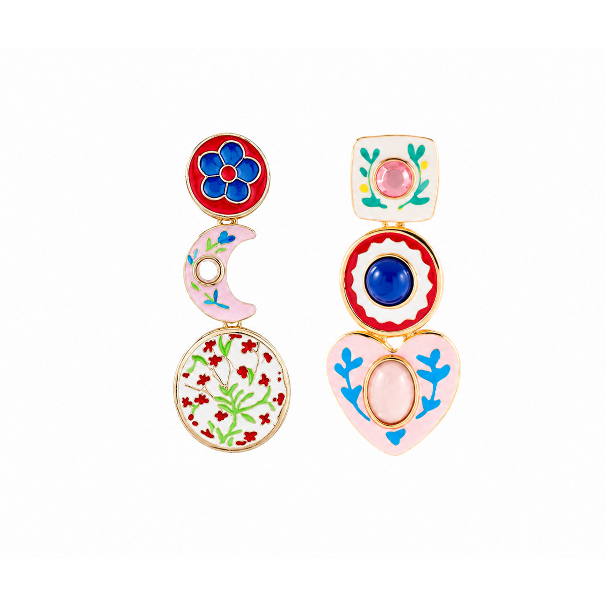 ZA exaggerated rhinestone heart pendant multi-layer earrings floral asymmetrical ear accessories for women