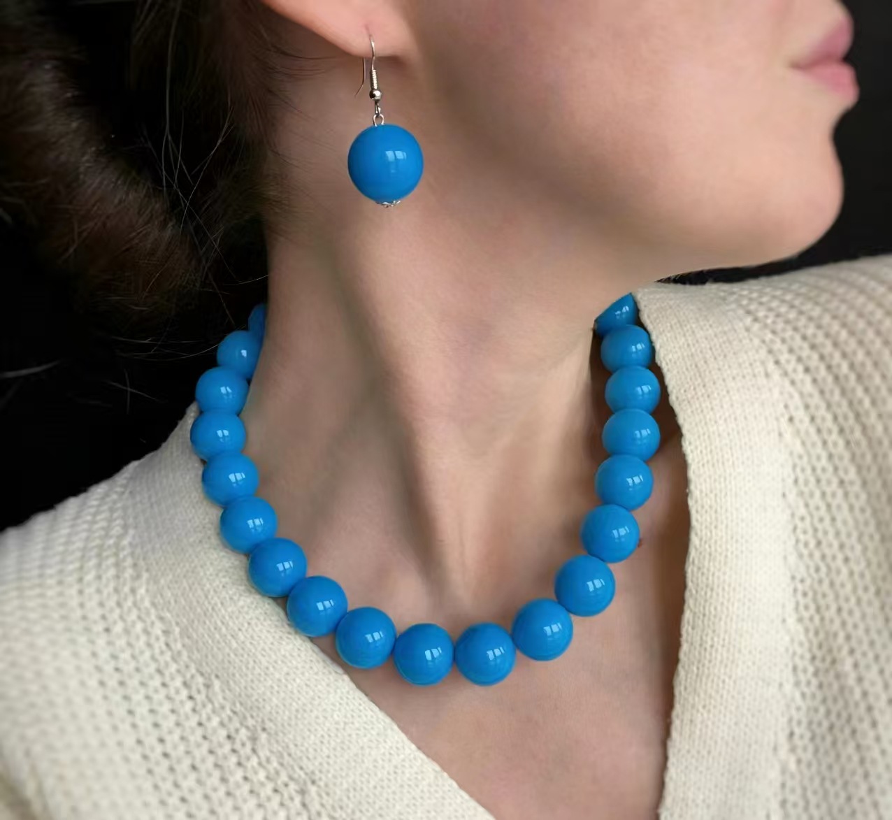 Fresh imitation pearl necklace earring set women round bead锁骨链 simple accessories three-piece set