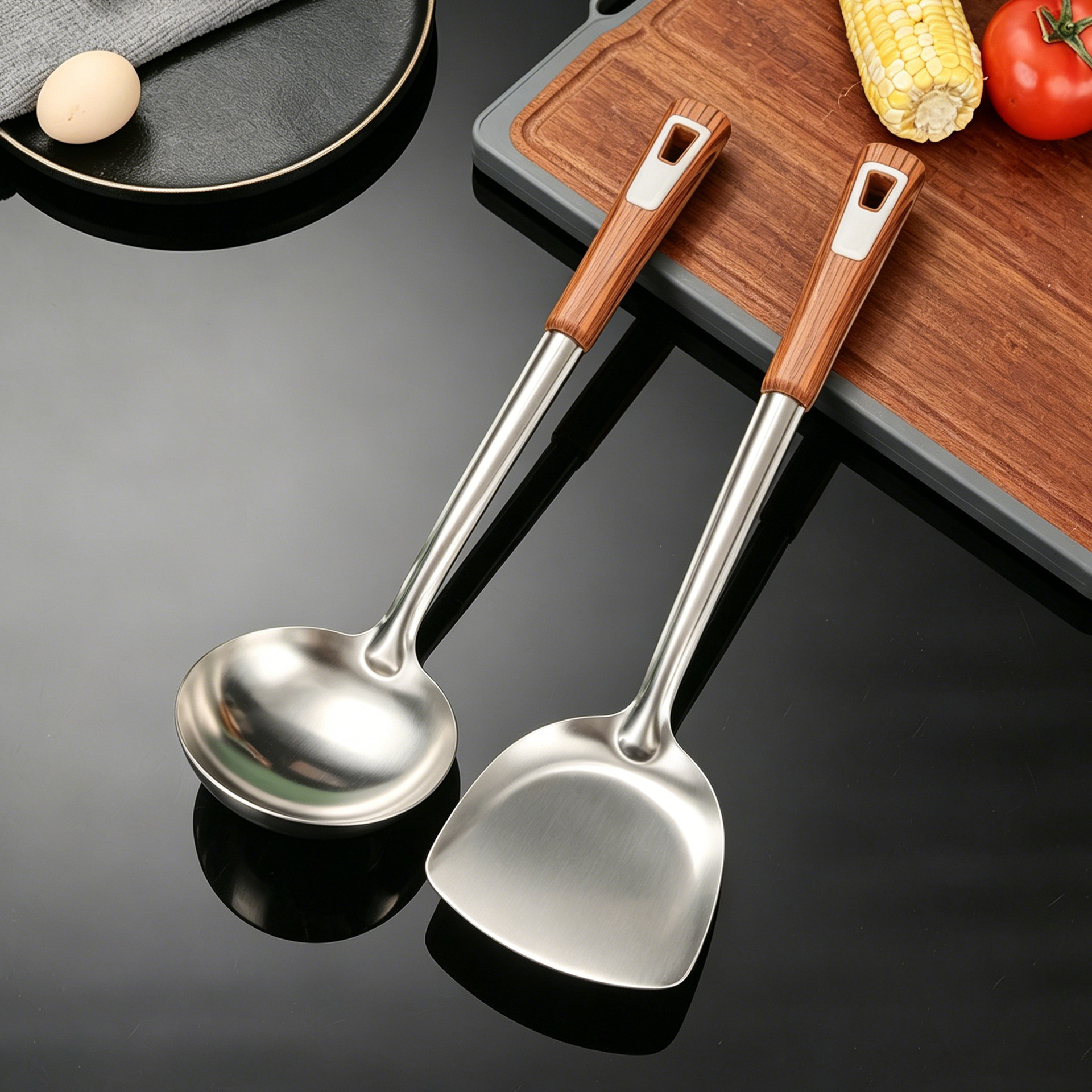 Stainless steel kitchen utensils thickened wok spatula soup spoon home anti-scald slotted spoon noodle ladle kitchen wok spatula spoon set