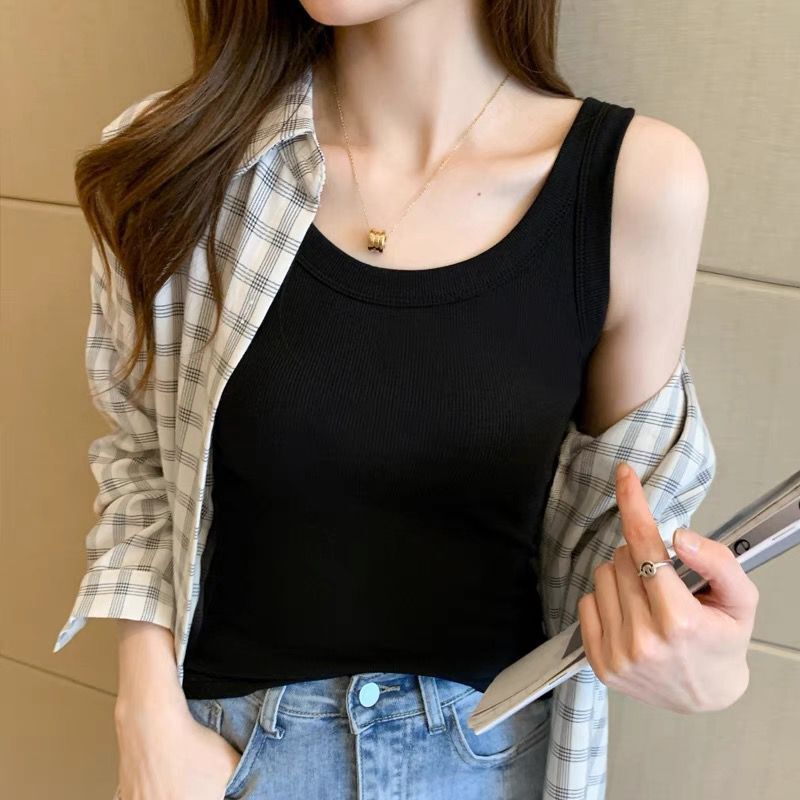 Ribbed Anti-exposure Sleeveless Thin Inner Layering Camisole Tank Top Women Summer Spring Outerwear Innerwear