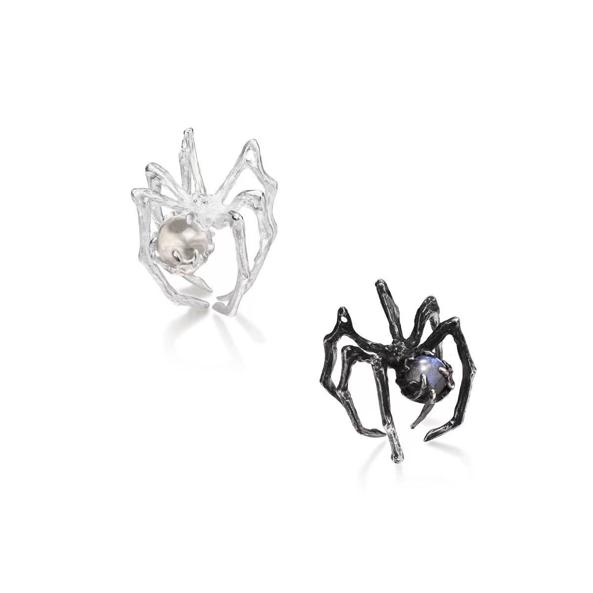 Black Spider Punk Ring with Moonstone Metal Open Adjustable