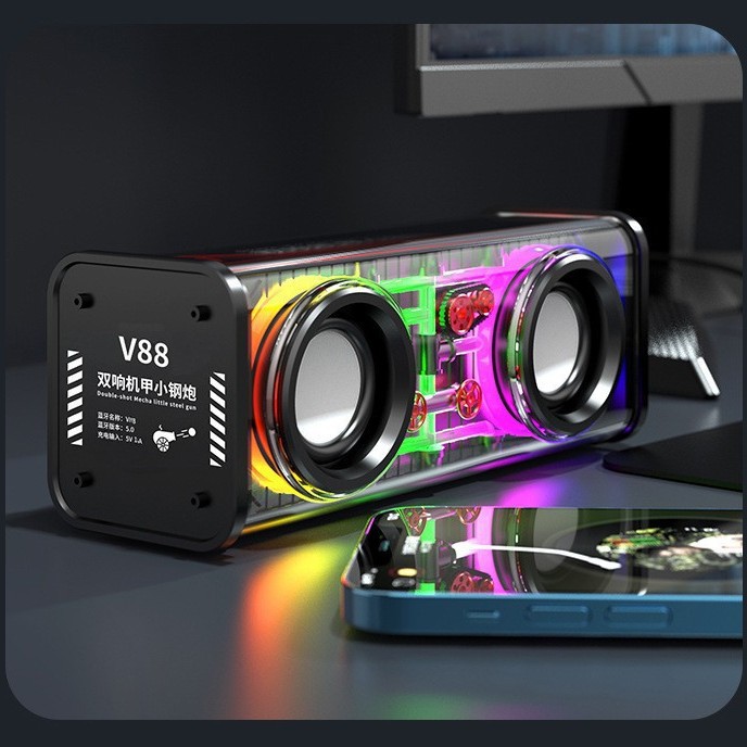 transparent mecha speaker V8 desktop Bluetooth speaker heavy bass long battery life portable colorful series small steel cannon