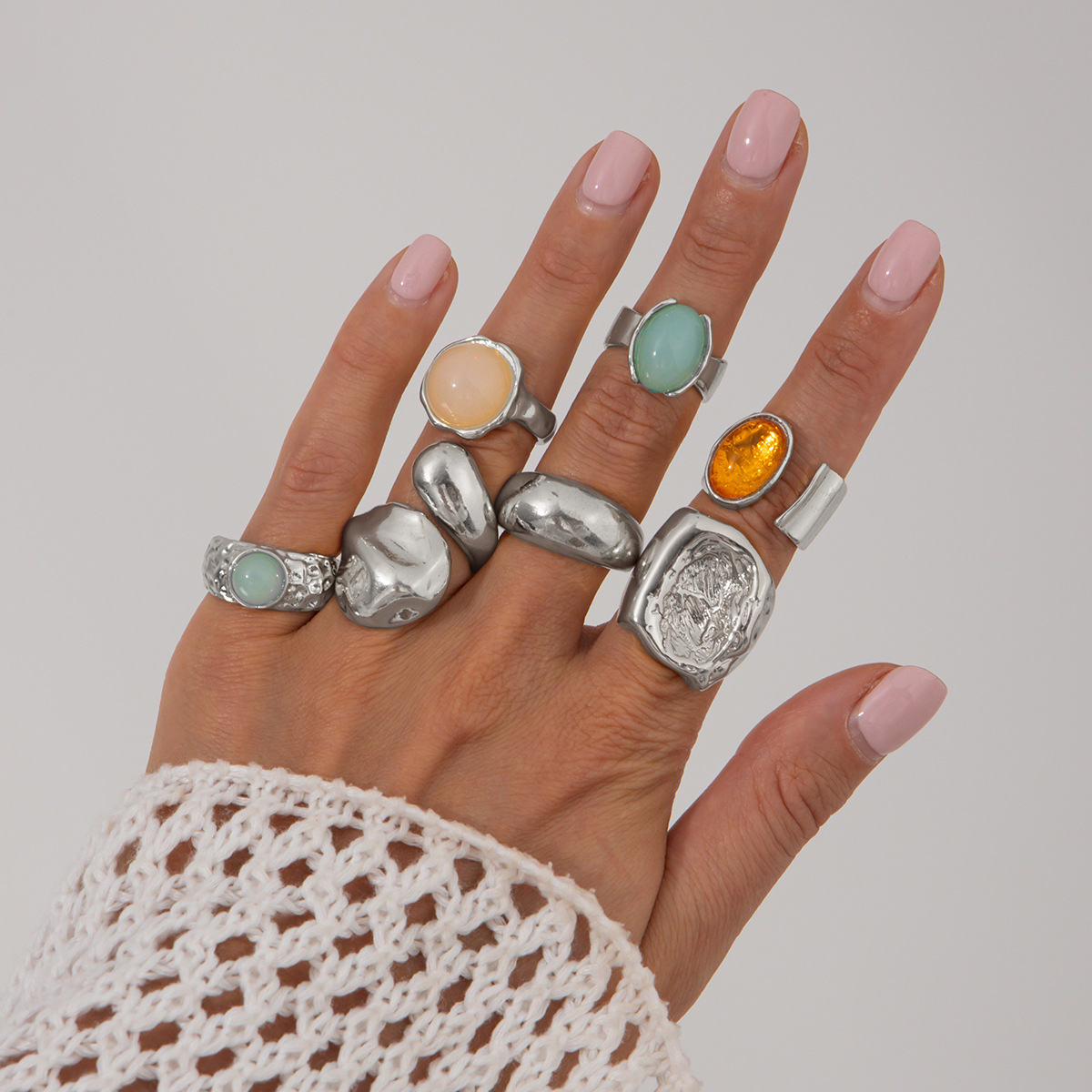 Layered gem ring set for women metal hammered texture open wide ring hand ornament