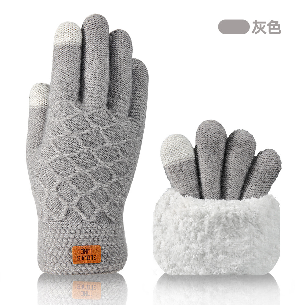Touchscreen Gloves Winter Warm Cold-Proof Double-Layer Fleece-Lined Thick Men Black Wool Cycling Knit Touchscreen