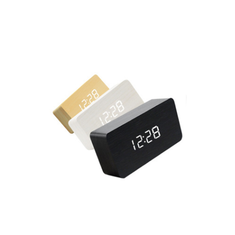 Voice-activated LED wooden clock, simple multi-functional rectangular temperature digital display electronic alarm clock, rectangular