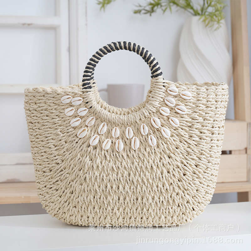 Summer new simple style natural shell half-round handbag, paper rope woven bag, vacation woven bag, vacation women's bag