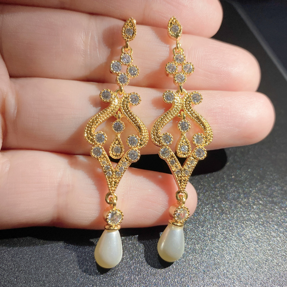 Dubai exaggerated long hollow earring ear stud earring AAA zircon super flash bridal evening earring