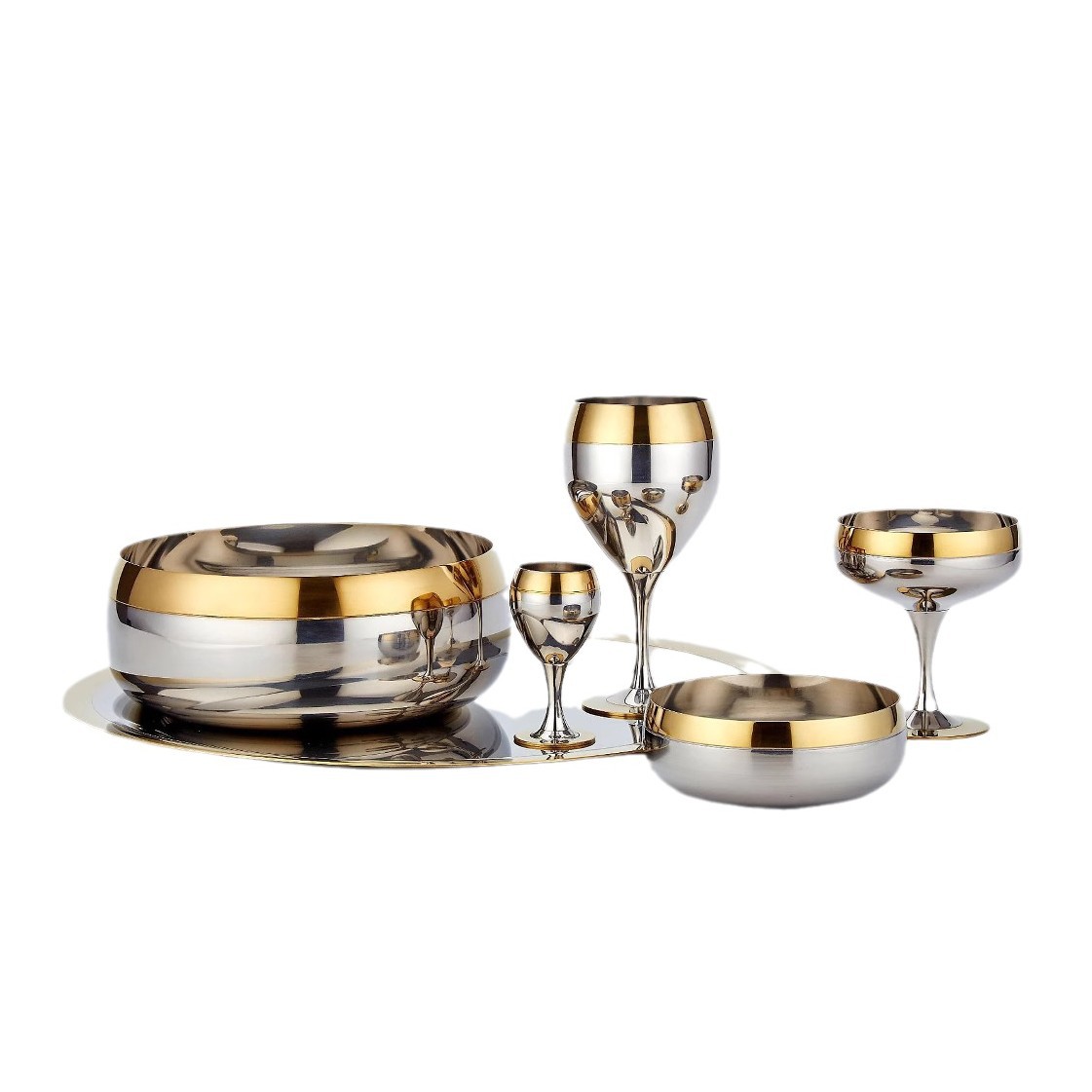 304 Stainless Steel Gold Rim Wine Glass Set Bar Cocktail Plate Bowl Restaurant Home Kitchen Supplies