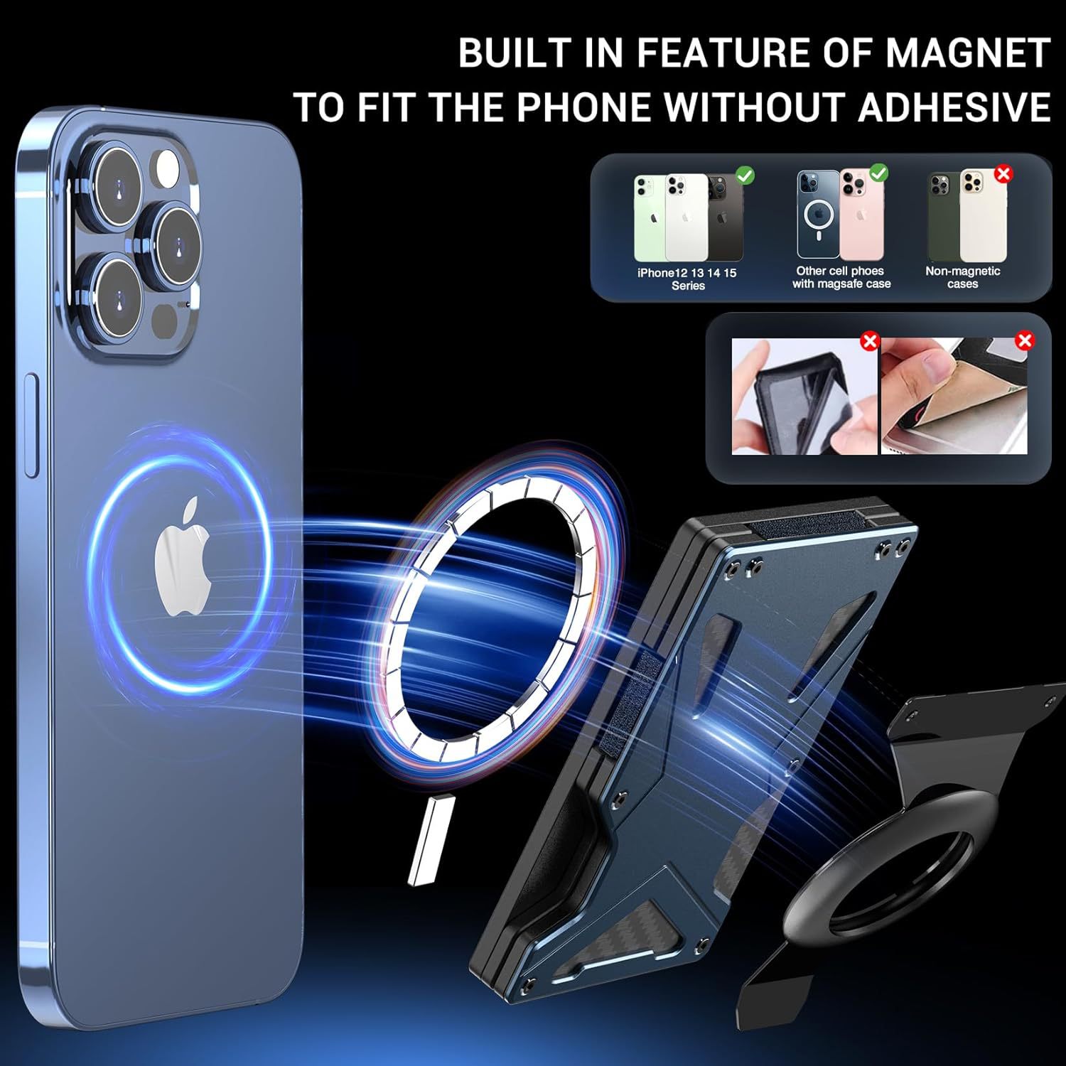 New Built-in Magnetic Metal Wallet Magsafe Wallet Air Tag Card Holder RFID Anti-theft Function