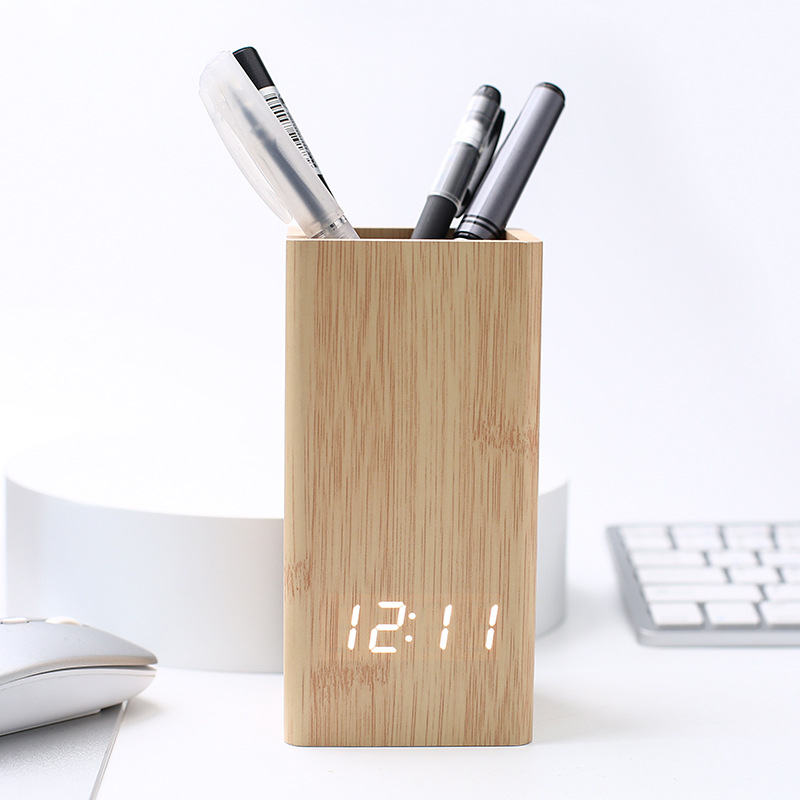 Pen Holder Clock LED Electronic Clock Student Stationery Desktop Alarm Clock Voice Control Perpetual Calendar Electronic Clock Thermometer