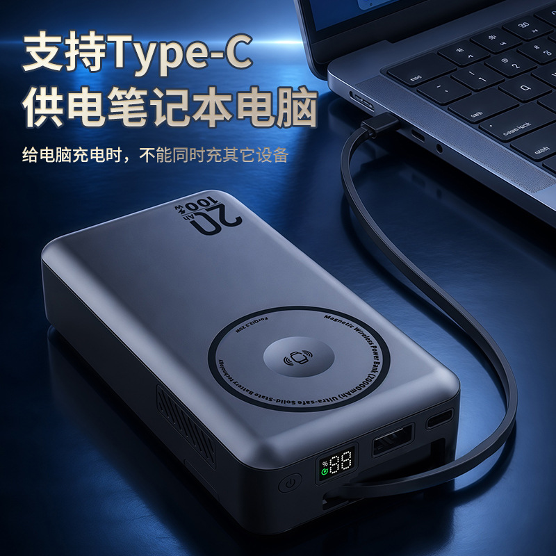 qi2.2 semi-solid magnetic charging bank 20000mAh retractable cable 100W laptop power bank