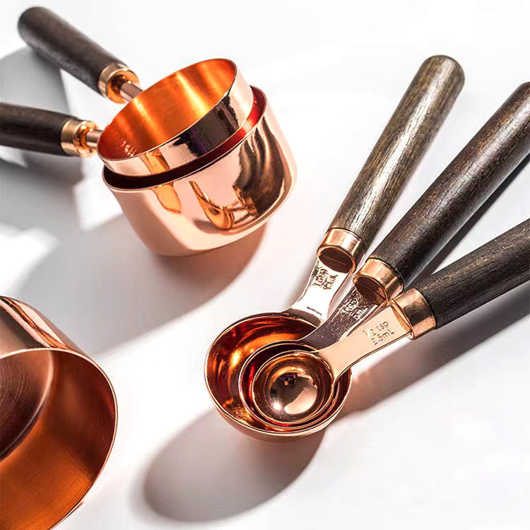 Walnut wood stainless steel measuring spoon measuring cup set 8-piece set with scale baking tool 4-piece set rose gold spoon