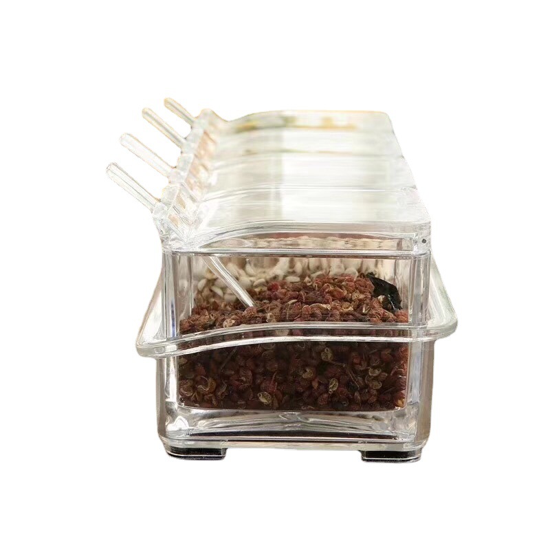 Kitchen supplies transparent seasoning box, four-grid seasoning box, seasoning jar set with spoon