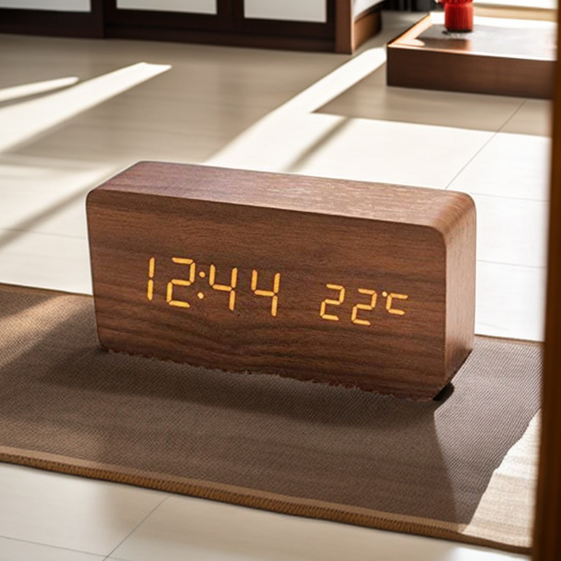 Digital LED wooden clock, temperature, calendar, quiet bedroom student alarm clock, triangular desk clock