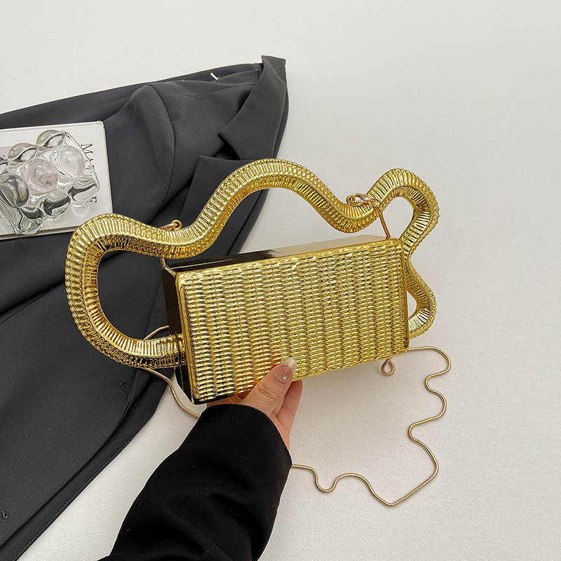 Wave Handle Evening Bag Metal Woven Small Square Bag Banquet Handbag