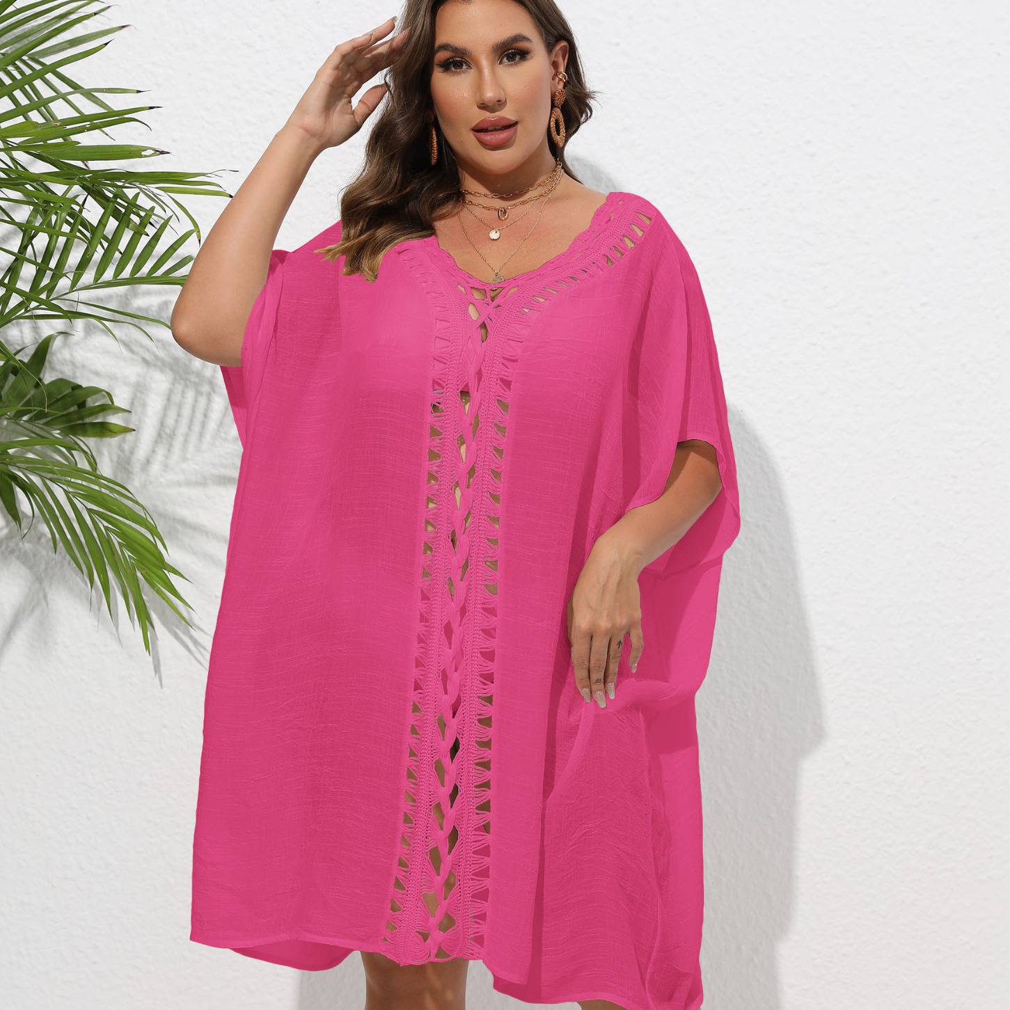 Women's Dress Plus Size Hand-Crocheted Lace-Up Loose Beach Bikini Outer Cover-Up