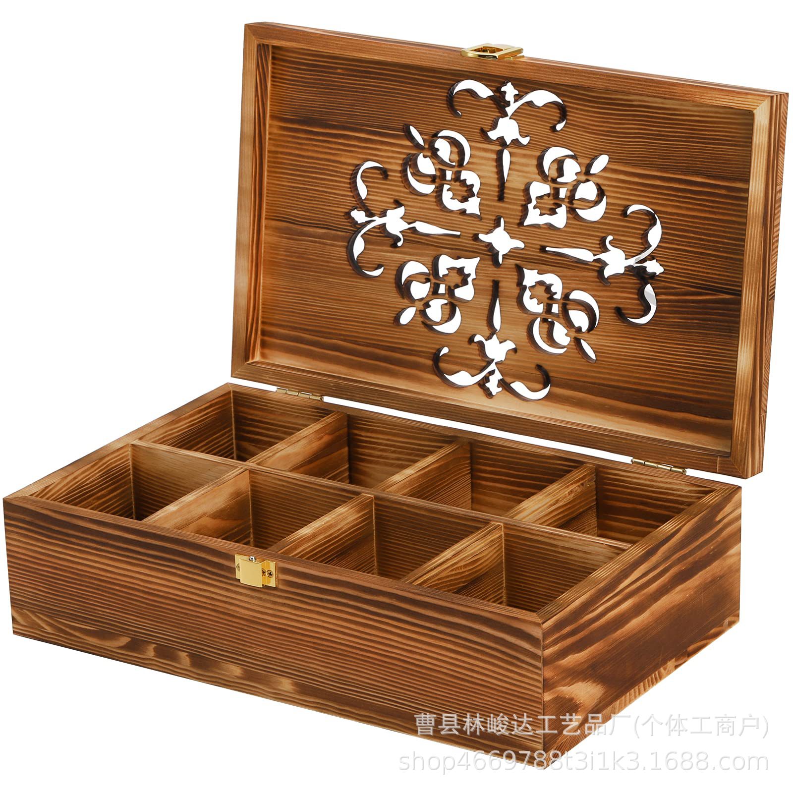 Tea bag storage box, wooden flip-top, carved hollow pattern, tea packet storage box, desktop compartment gift box