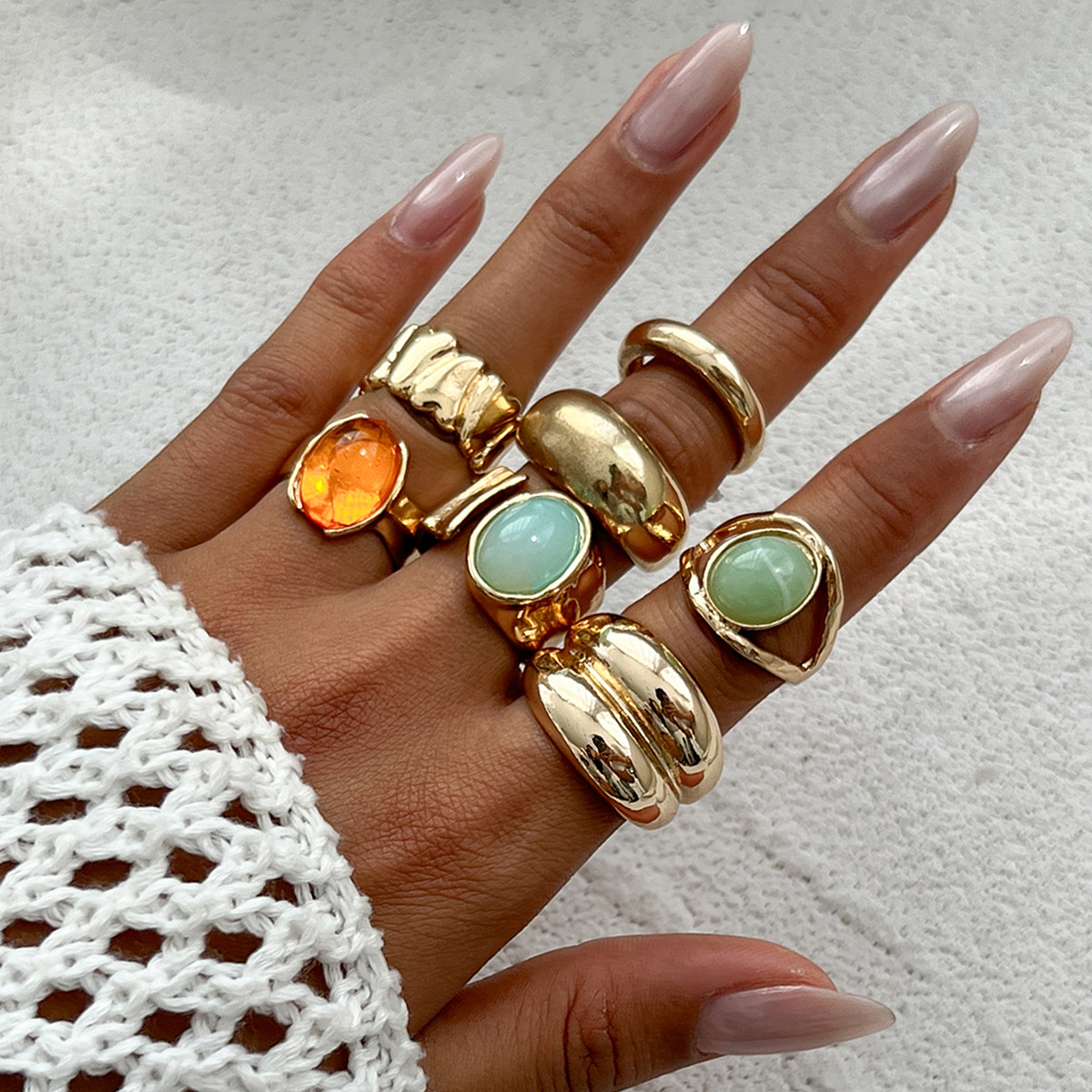Layered gem ring set for women metal hammered texture open wide ring hand ornament