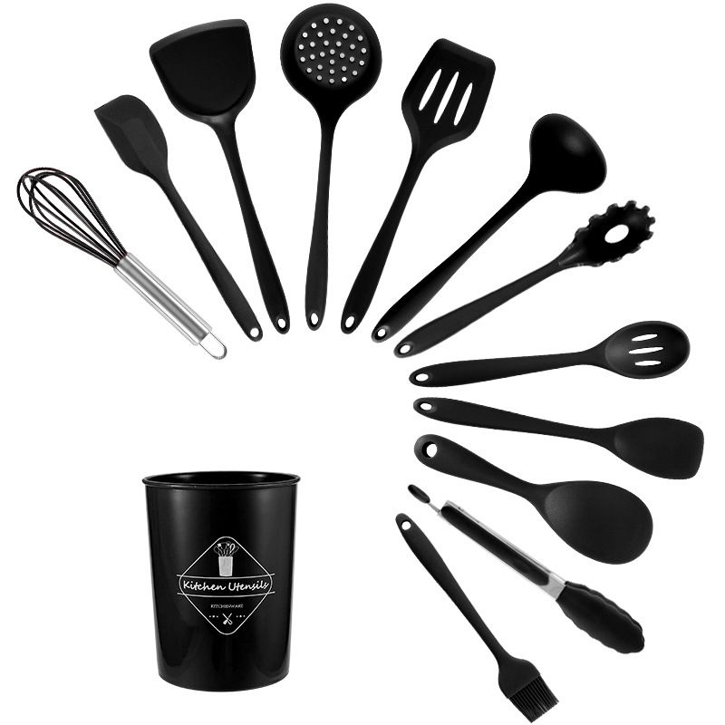 Silicone Kitchen Utensils 13-Piece Set Non-stick Spatula Slotted Spoon Set Red Black Kitchen Storage
