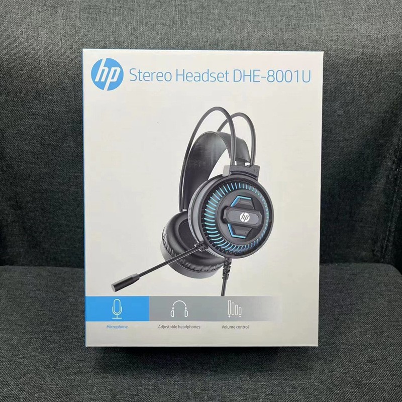 HP 8001U Computer 7.1 Headband Large Earmuff Bass USB Blue Light Headset Business Game