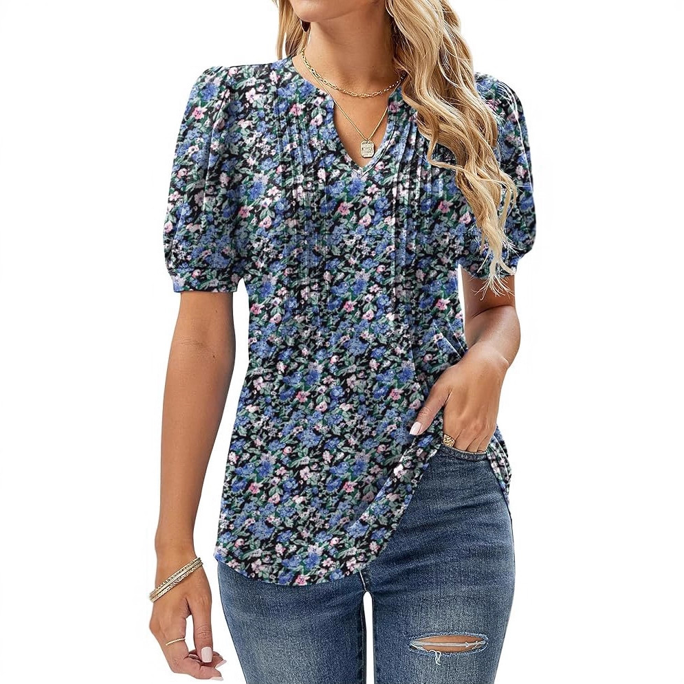 2026 Women's V-Neck Bubble Short Sleeve Pleated T-Shirt Women's Casual Top