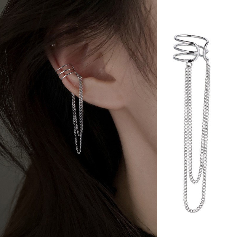 Bow Ear Clip No Piercing Chanel Style Earring Face Slimming Zircon Long Tassel Ear Cuff for Women