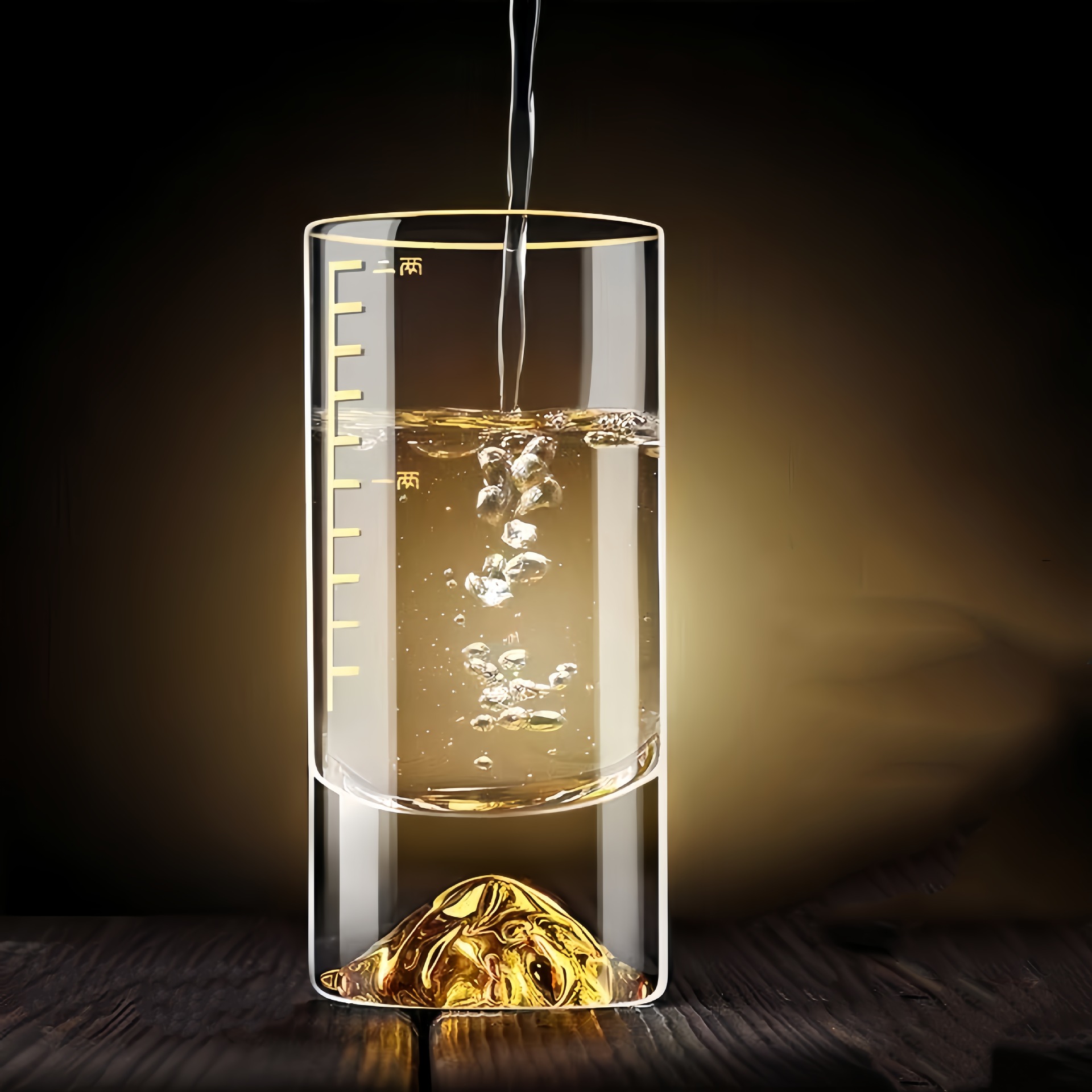 Two liang scale, gold foil, gold mountain, blue mountain liquor cup, glass liquor divider, household glass two liang cup