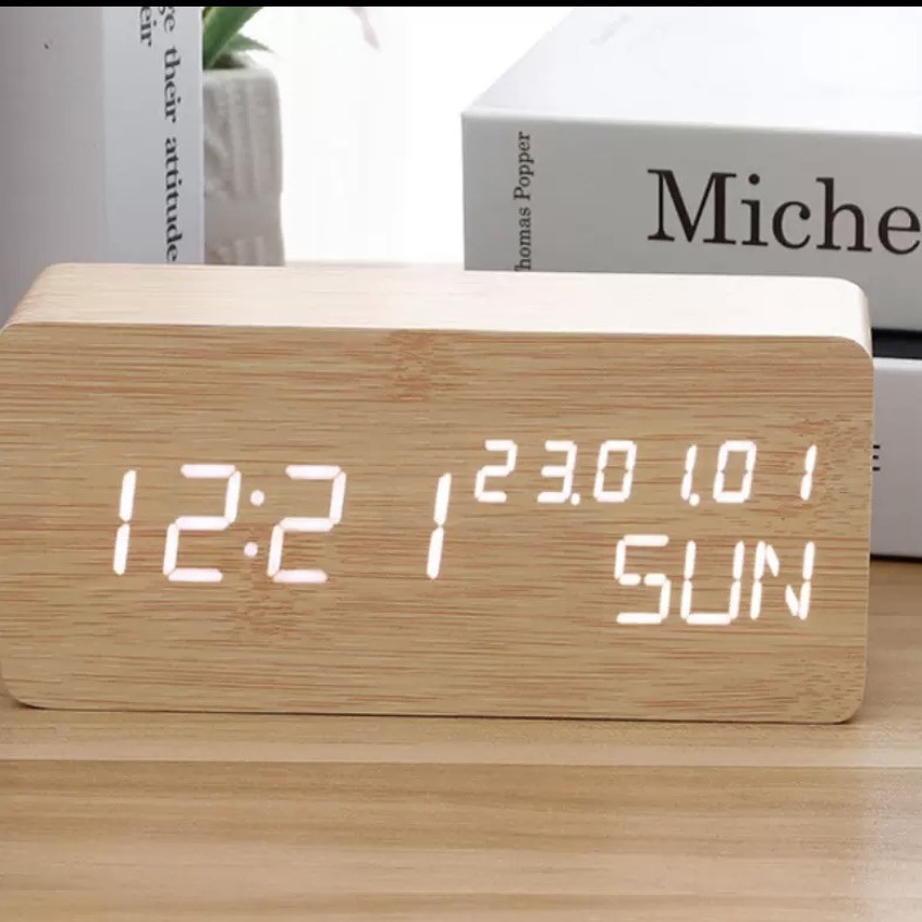 Rectangular perpetual calendar wooden clock desktop LED electronic voice-controlled wooden clock, student wake-up clock