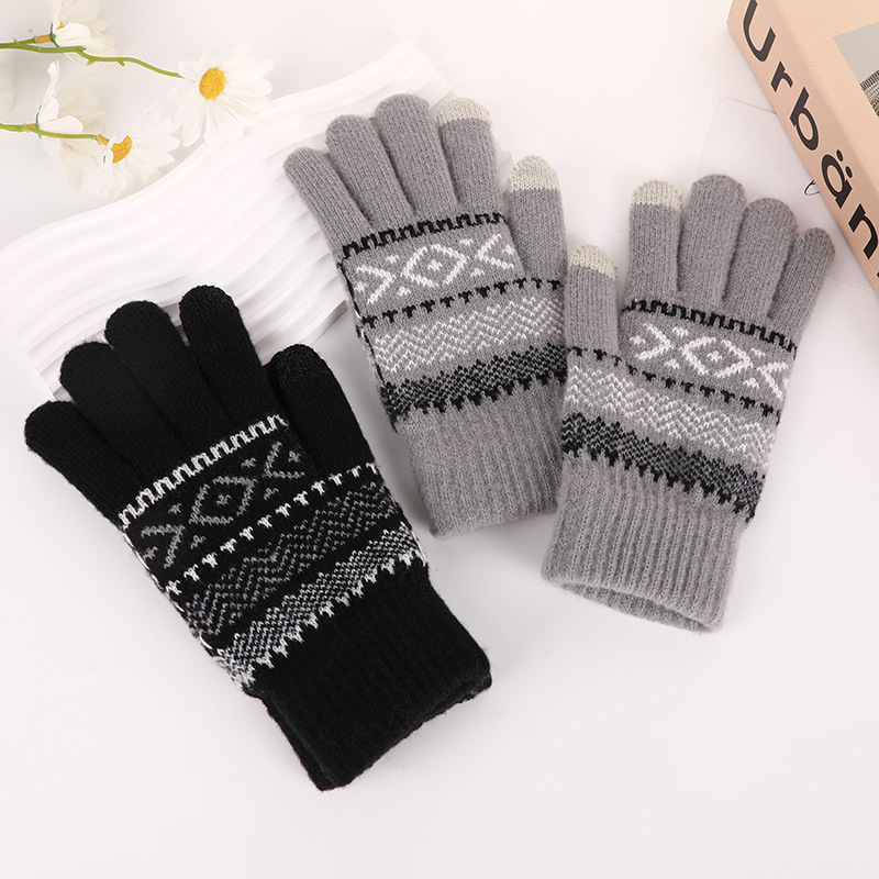 Knitted Jacquard Touch Screen Warm Gloves Women Autumn Winter Men Outdoor Fleece-Lined Thick Anti-Cold Full-Finger Knitted Gloves