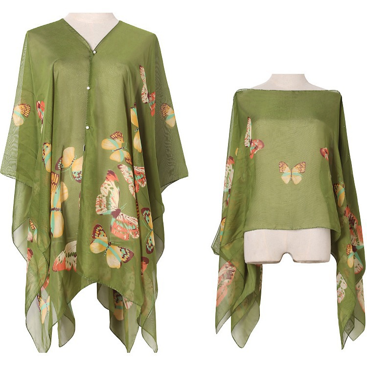 Summer Sun Protection Imitation Silk Shawl Butterfly Print Sun Protection Shawl Gift Silk Scarf Shawl