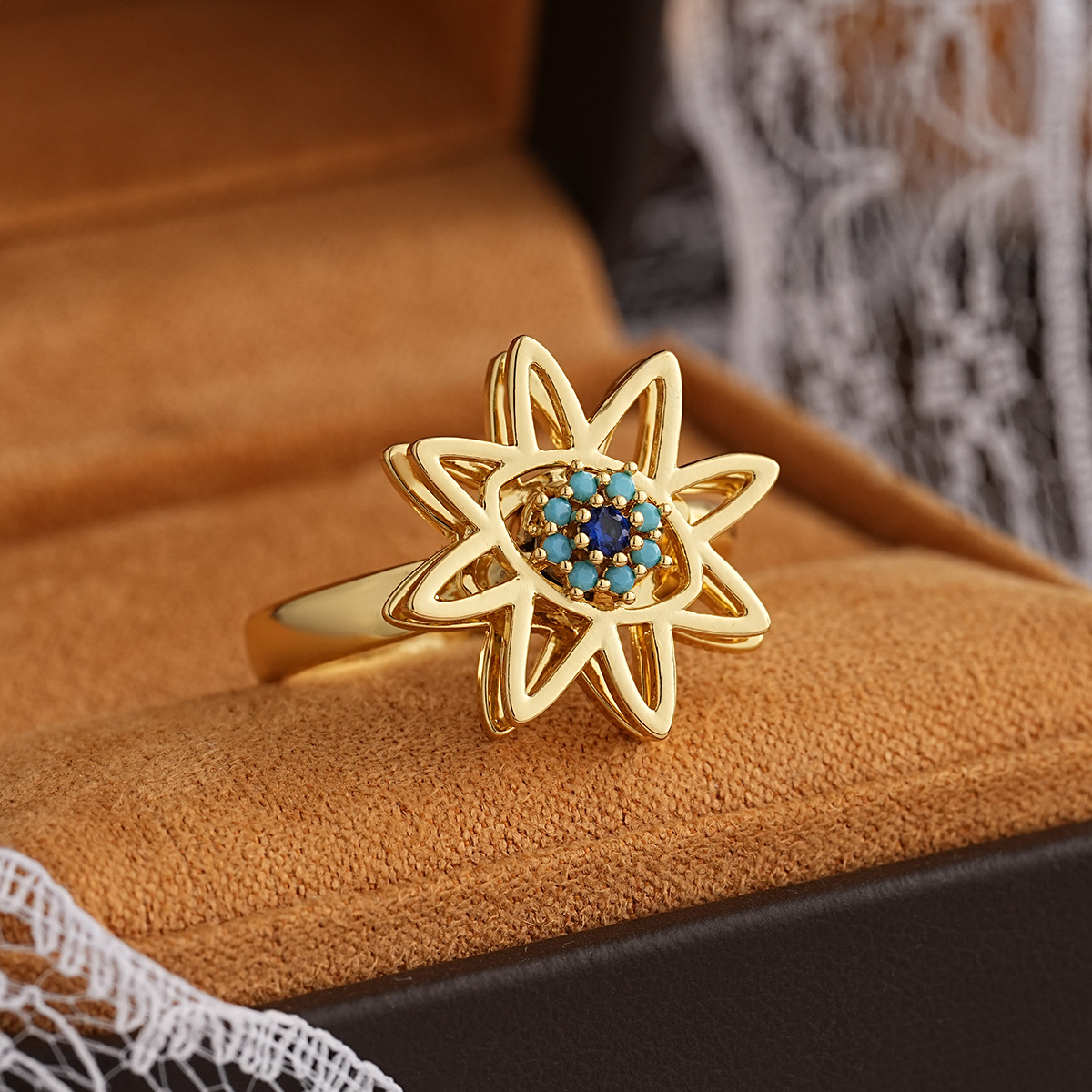 New Product Copper Plated Real Gold 360 Rotating Ring Women's Evil Eye Blue Zircon Open Ring