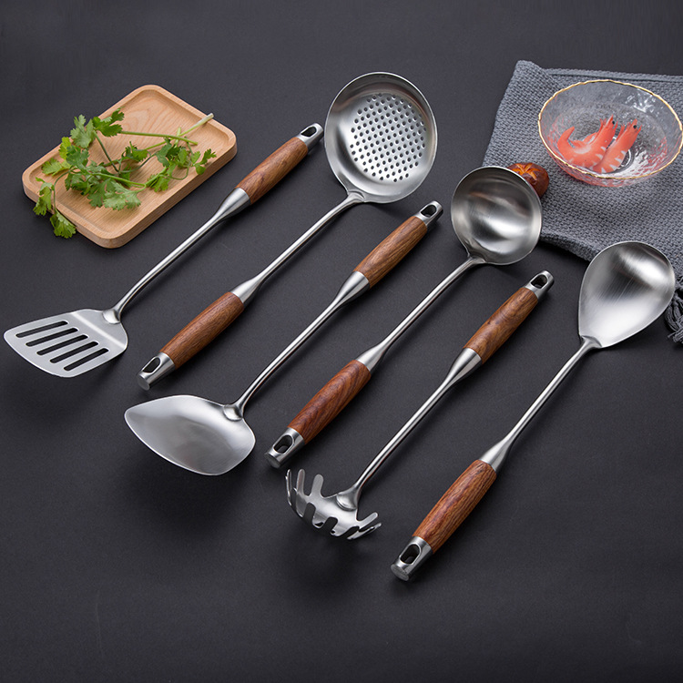 304 stainless steel spatula set, kitchen cooking spatula set, household rosewood handle stainless steel soup spoon, strainer, frying spatula