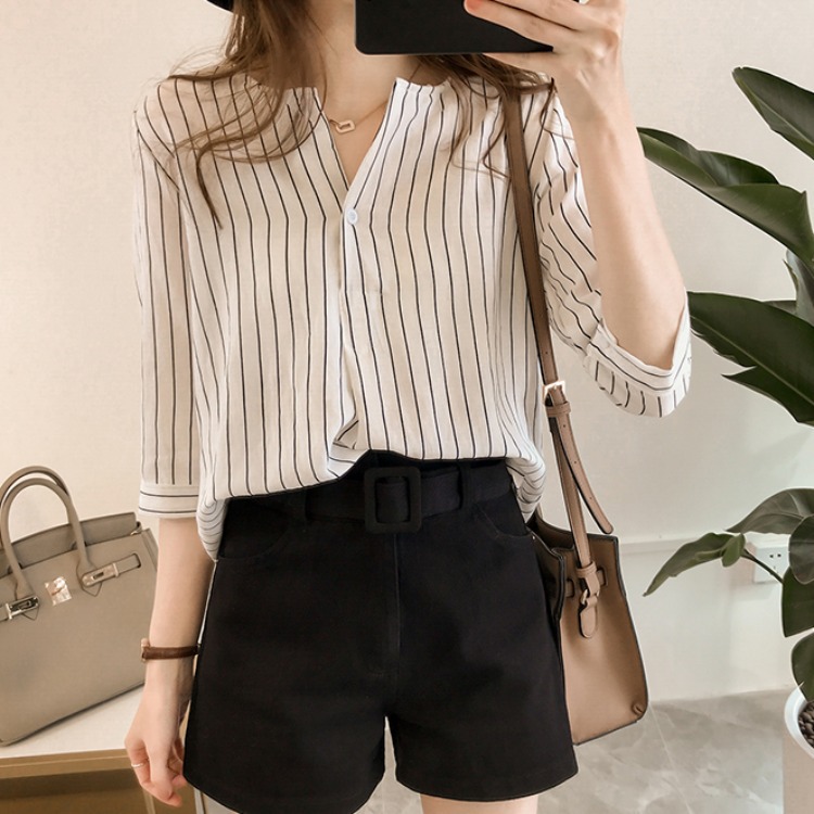 2023 Summer New Plus Size Round Neck Striped Shirt Women Seven-tenths Sleeve Top Loose Casual Blouse