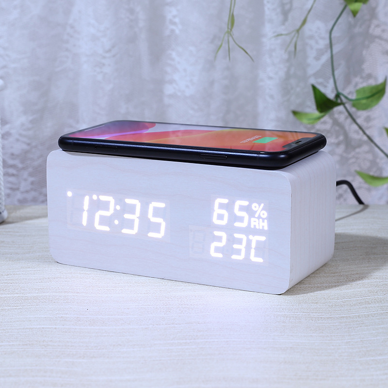 Smart Wireless Charging Clock Electronic Wooden LED Clock Digital Voice Control Clock Thermometer Alarm Clock