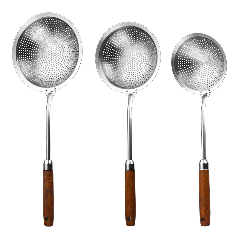 201 stainless steel small hole slotted spoon, household rosewood handle colander, dumpling noodle scoop, frying strainer spoon, hot pot spoon