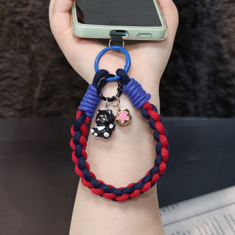 Hydrangea Phone Lanyard Hand Wrist Strap Black Brown Woven Cotton Rope Pendant Anti-Loss Phone Chain Women Cat Pendant
