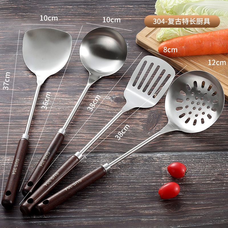 Thickened non-magnetic stainless steel pot shovel, kitchen wooden handle spatula, cooking spoon, 9.9 yuan store display