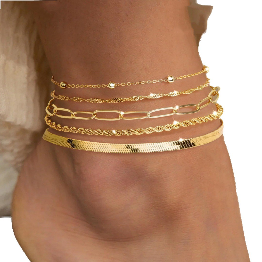 Bohemian Cuban Chain Set Anklet Simple Ankle Chain Seed Bead Adjustable Anklet