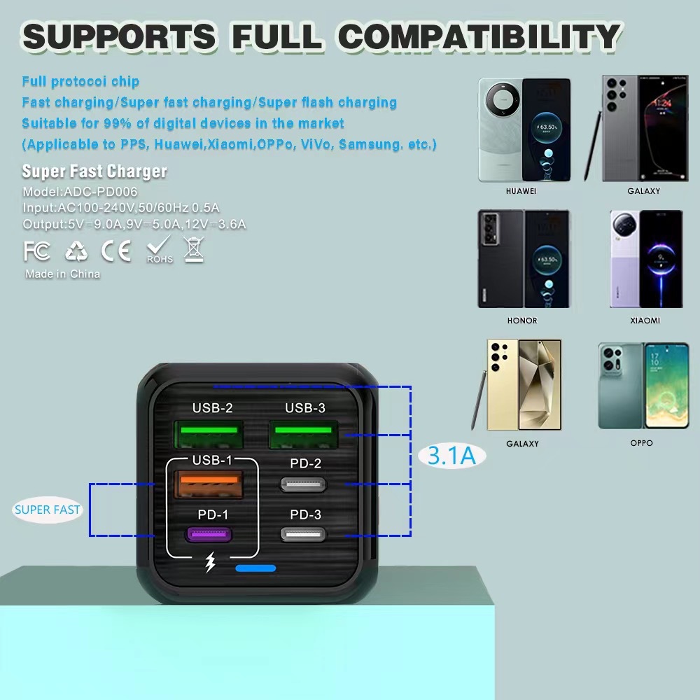 New 150W Multi-Port Charger 3USB+3PD Phone 6-in-1 Multi-Port Charging Head 5V3.1A Fast Charger