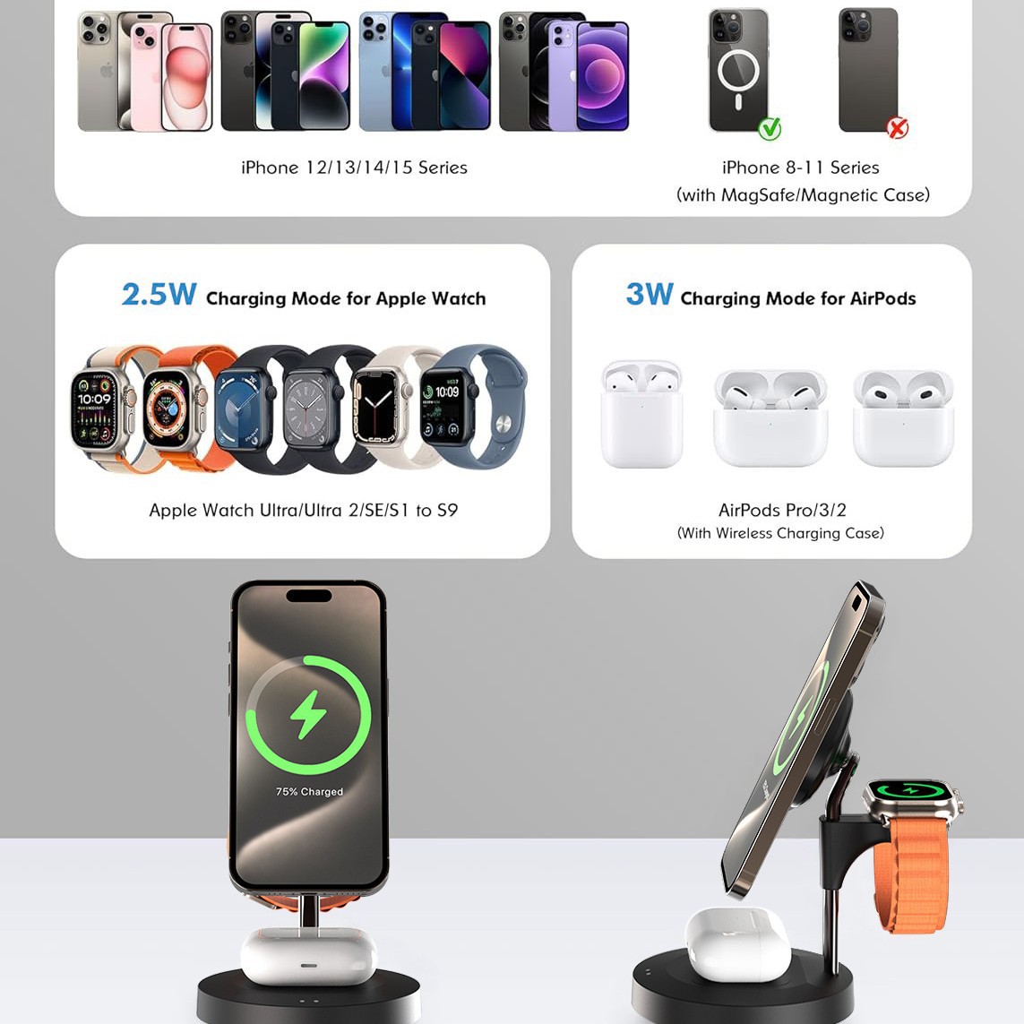 New Private Mold Adjustable Angle Magsafe Magnetic Three-in-One Metal Stand Vertical Wireless Charger