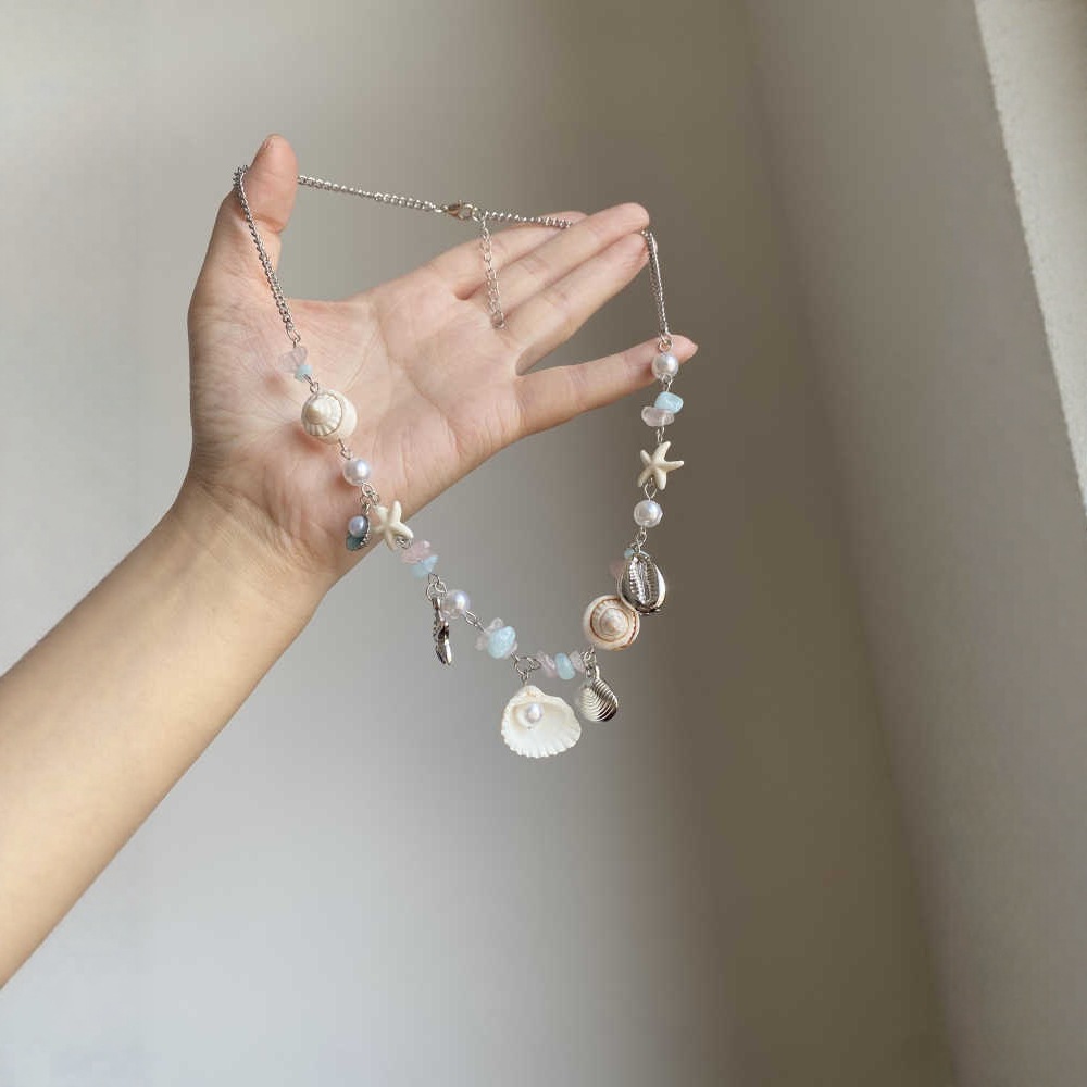 Vacation style colorful shell starfish pearl necklace women 2025 new summer dopamine collarbone chain accessory