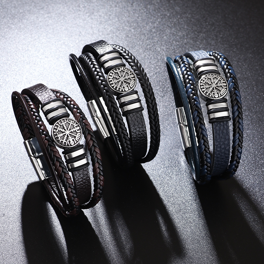 Woven Leather Rope Bracelet Punk Style Multi-layer Men's Bracelet Chain Compass