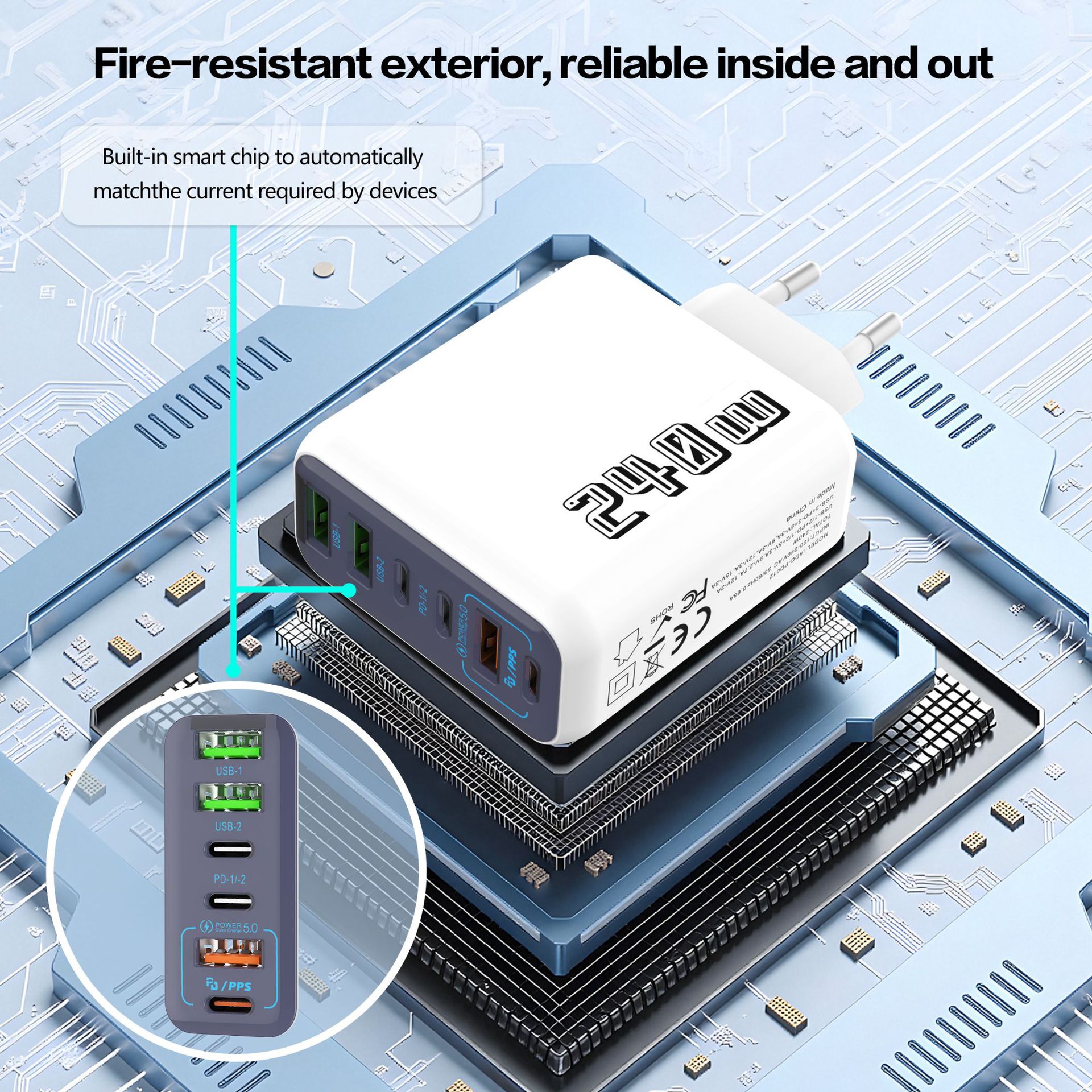 New 240W Multi-Port Charger PD Fast Charge qc3.0 Charging Head 3USB+3PD UK Plug 5V4A