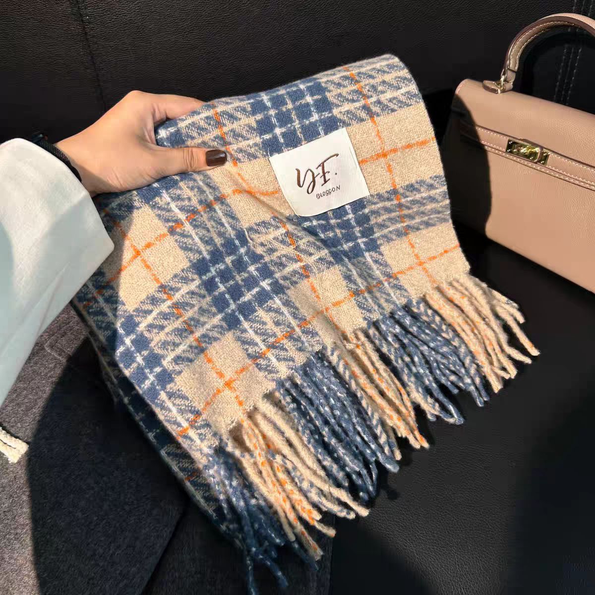 Plaid scarf women warm new dry rose pink autumn and winter color bright soft tassel shawl neck scarf