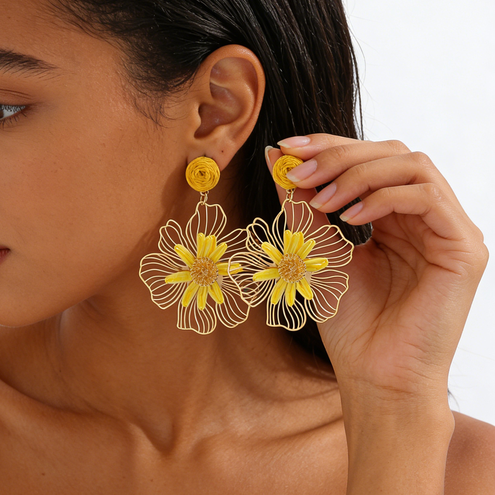 2026 spring summer raffia handmade woven hollow three-dimensional flower earrings for women beach vacation style