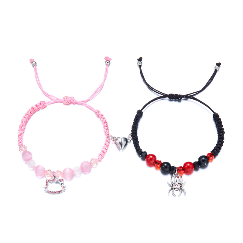 TKkt Cat Spider-Man New Heart-shaped Magnetic Bracelet Hand-woven Braided Rope Beaded Hand Jewelry
