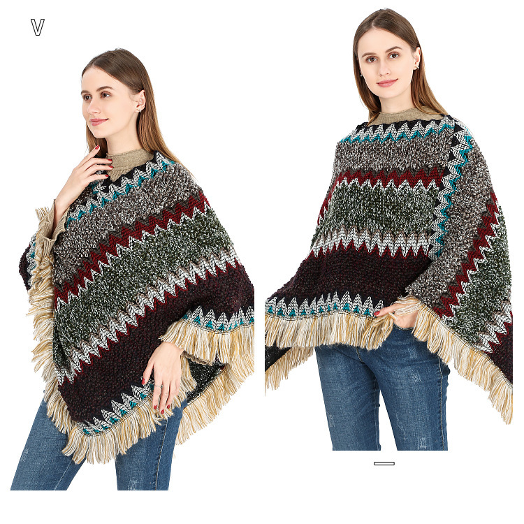 Colorful Ethnic Style Pullover Cape Women Poncho Acrylic Women Knit Cape Warm Autumn Winter Shawl