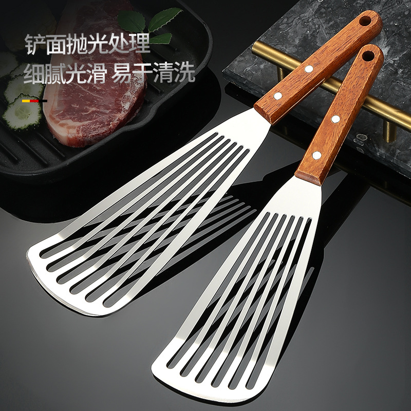 Stainless steel frying spatula, multifunctional kitchen cooking fish spatula, steak spatula, wooden handle, cooking spatula, pizza spatula, teppanyaki spatula